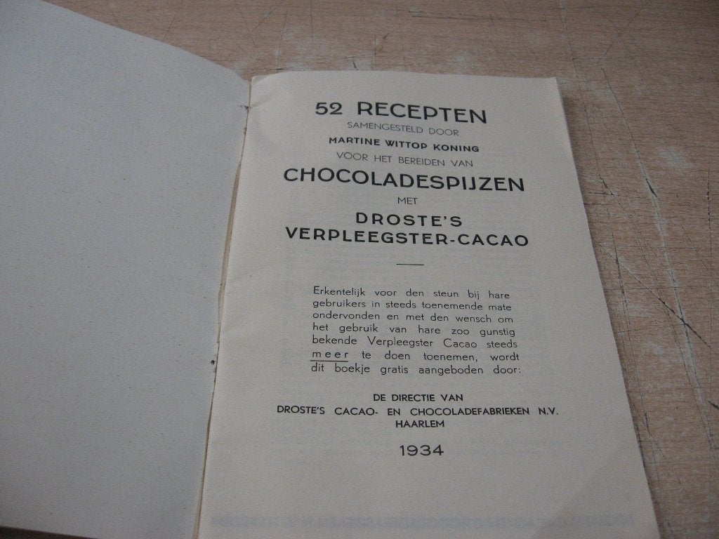 52 Chocolade Recepten voor Droste's verpleegster cacao 1934, Ophalen of Verzenden, Gebruikt, Overige typen