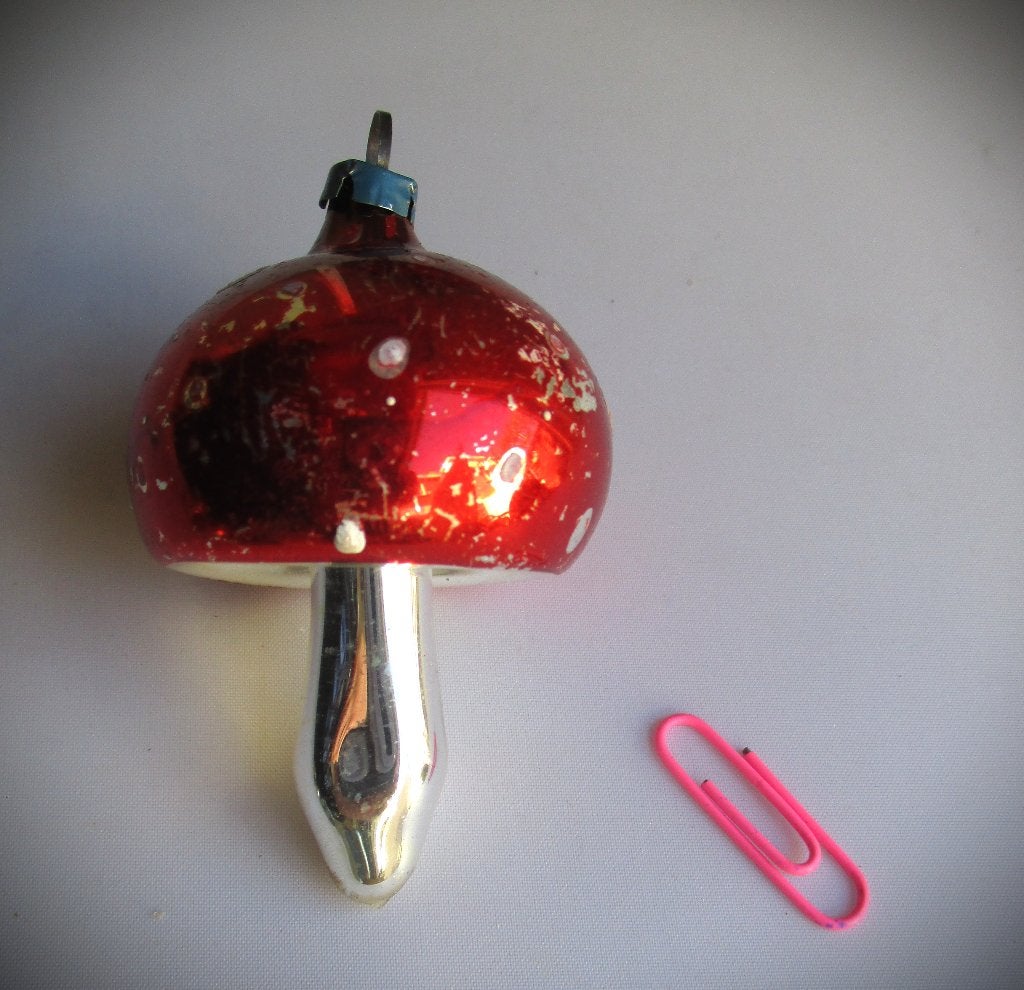 Paddenstoel~Antieke Kerstbal van Glas~Rood Witte stippen, Ophalen of Verzenden, Gebruikt