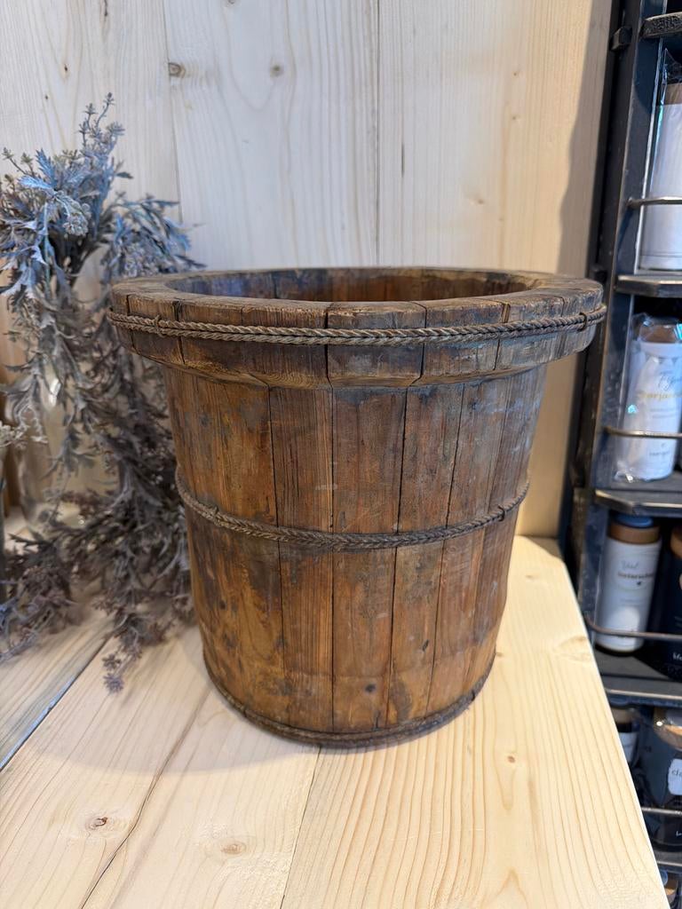 Rustieke houten emmer/plantenbak - Vintage decoratie, Tuin en Terras, Ophalen, Minder dan 30 cm, Minder dan 60 cm, Rond
