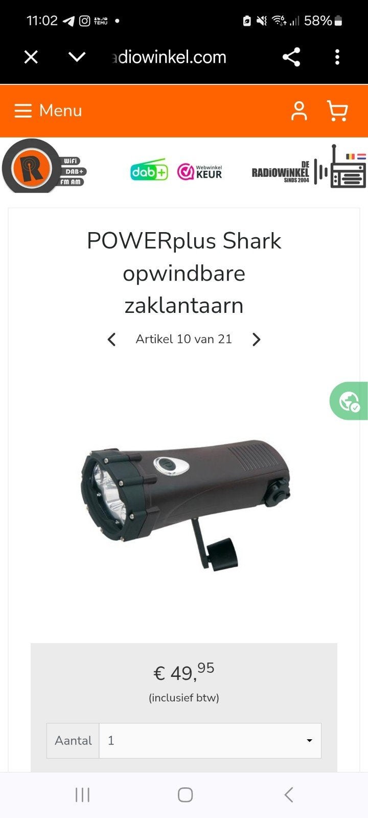 te koop opwindbare zaklamp, Ophalen of Verzenden