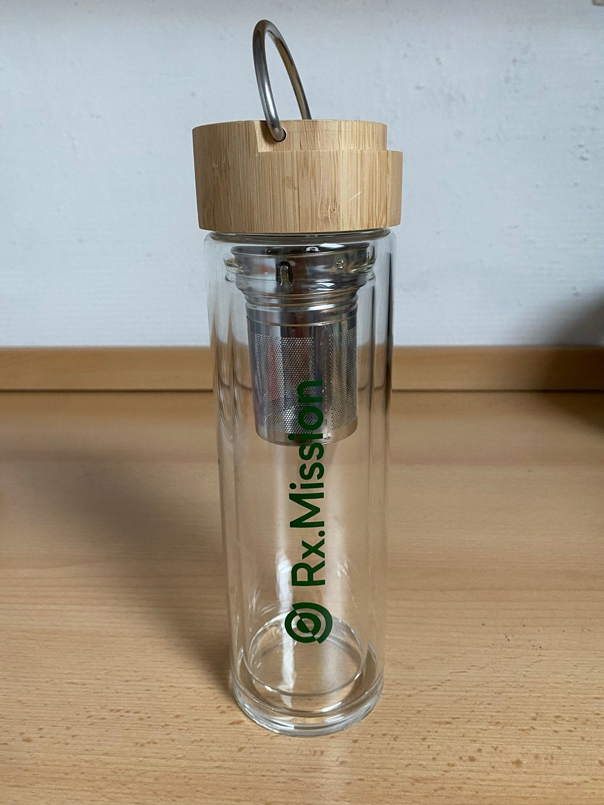 Glazen dubbelwandige theefles met bamboe dop en theezeef, Theepot/fluitketel, Ophalen of Verzenden, Zo goed als nieuw, Glas