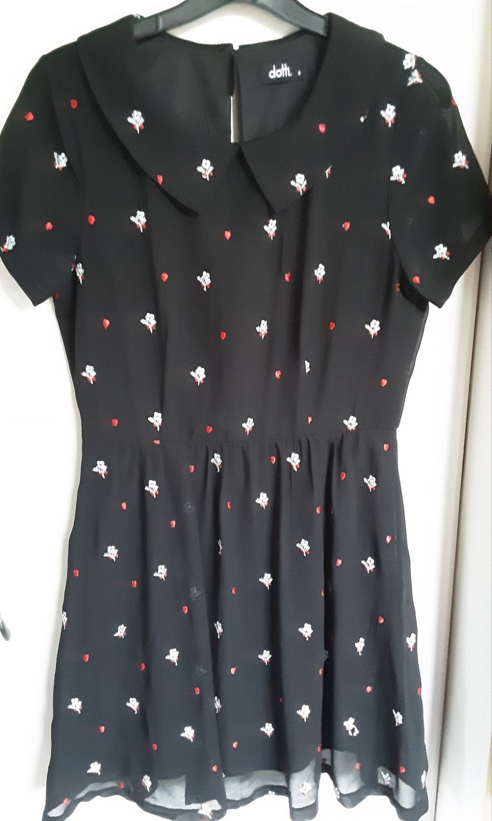 Zwart jurkje met bloemenprint en Peter Pan kraag. maat S, Zwart, Dotti, Ophalen of Verzenden, Zo goed als nieuw