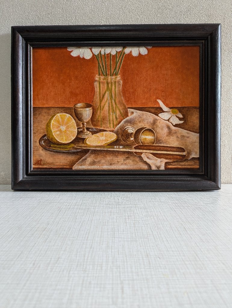 "Stilleven met citroen, bloemen, zilveren glazen", Stilleven, Gesigneerd, Olieverf, Klassiek