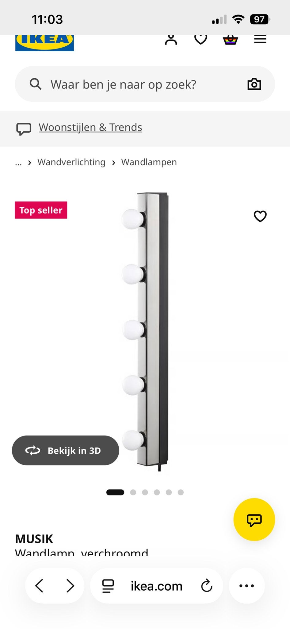 2x IKEA MUSIK Hollywood Make-up Lamp - Verchroomd, Met snoer/stekker, Gebruikt, IKEA, Overige fittingen