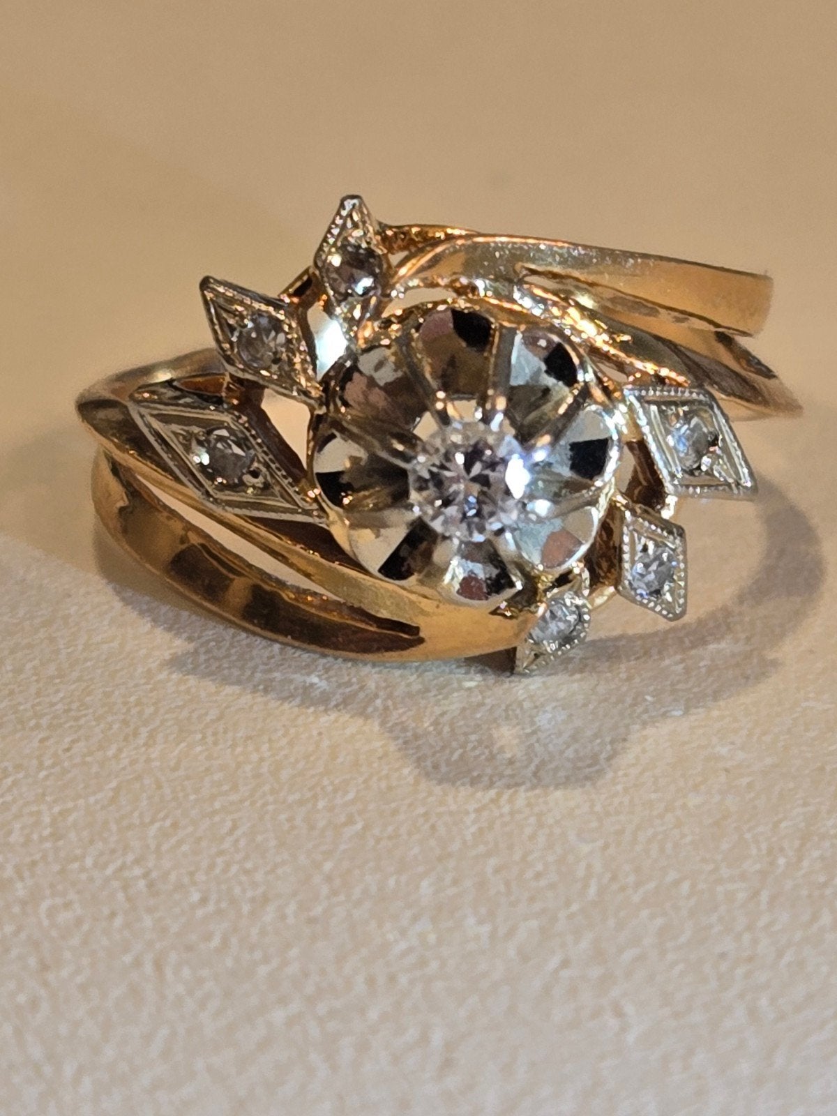 18k Gouden Ring met Briljant en 6 Diamanten - Maat 52, Gebruikt, Ophalen of Verzenden, Kleiner dan 17, Met edelsteen