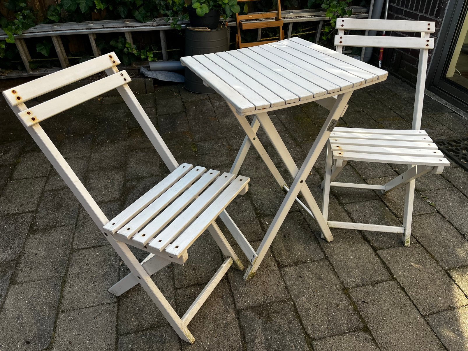 Bistro setje wit, Tuin en Terras, Gebruikt, Tuinset, Hout, Ophalen