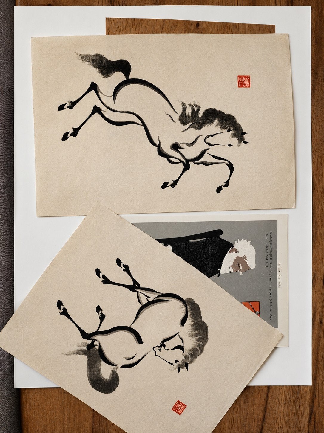 Aoyama Seizan ORIGINELE inkttekening van paarden, Antiek en Kunst, Kunst | Tekeningen en Foto's, Ophalen of Verzenden, Tekening