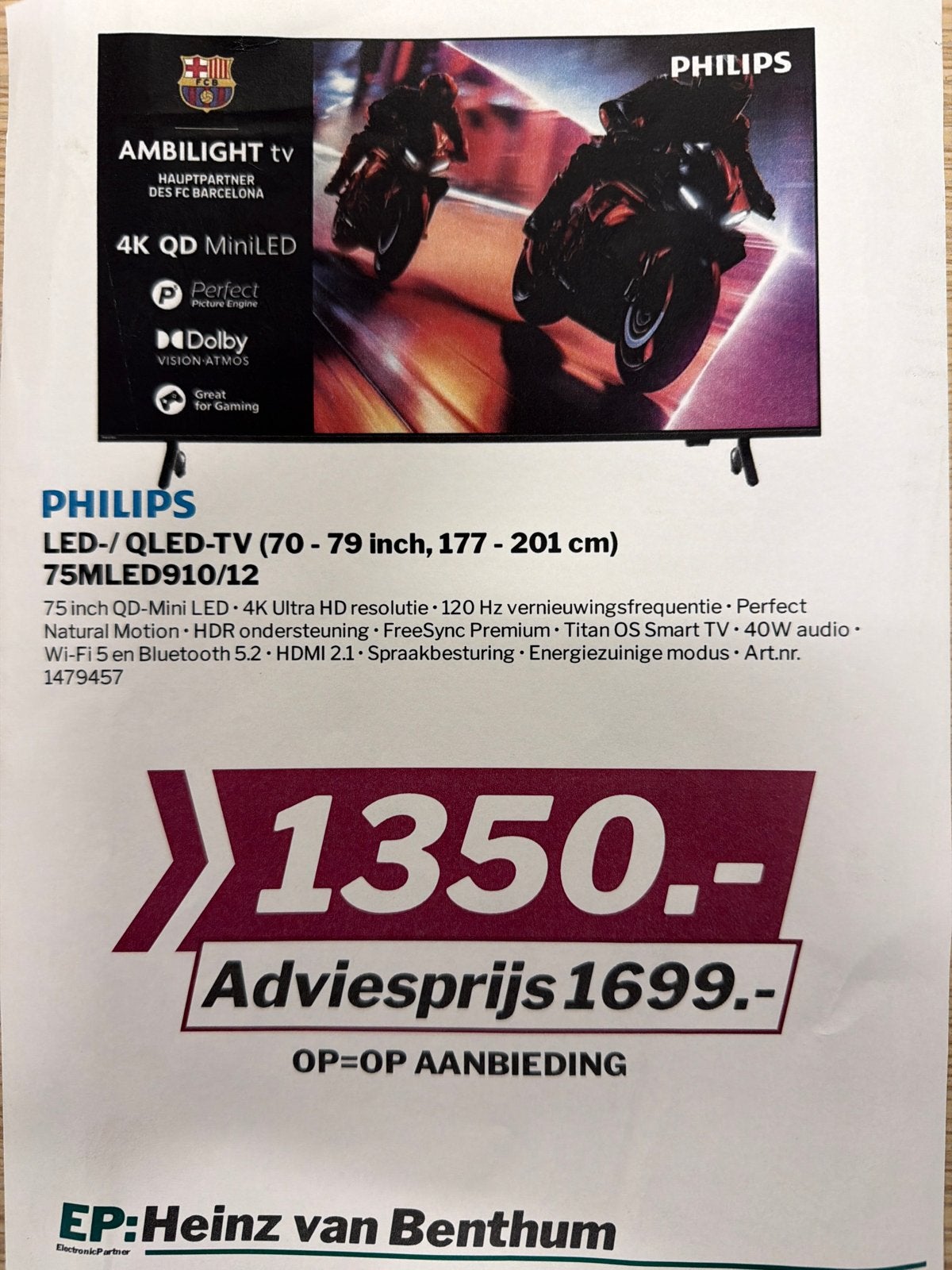 Philips 75MLED910/12 75 inch 4K QD MiniLED Ambilight TV, Philips, QLED, Nieuw, 120 Hz