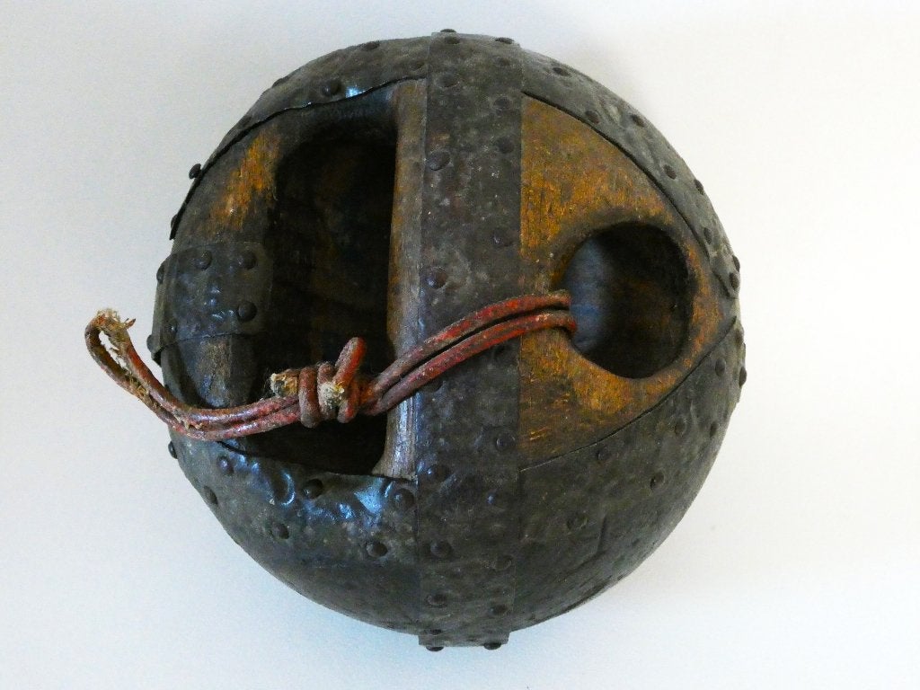 Antiek houten kegelbal bowlingbal bal smeedijzer beslag 19e, Ophalen of Verzenden