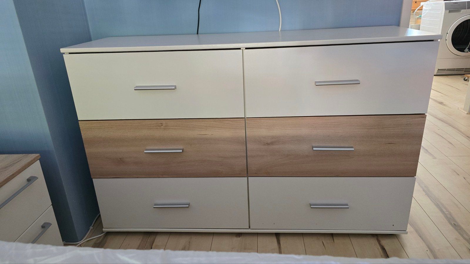 Commode met 6 laden - wit en houtkleur, Ophalen, Gebruikt, 100 tot 150 cm, 5 laden of meer