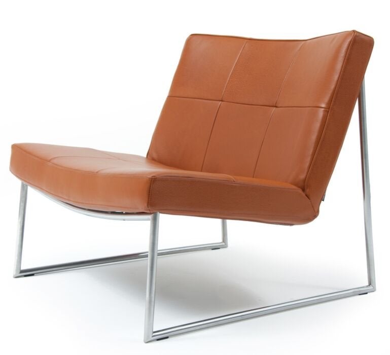 Leren Harvink fauteuil in cognac kleur met metalen onderstel, Huis en Inrichting, Stoelen, Ophalen, Gebruikt, Overige kleuren