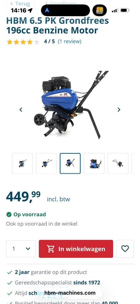 HBM 6.5 PK Grondfrees 196cc Benzine Motor - Z.G.A.N., Ophalen, Zo goed als nieuw, Overige soorten