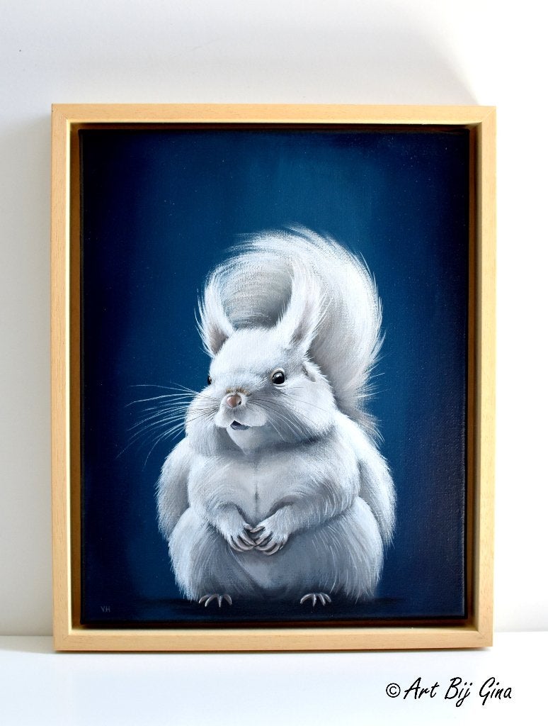 Fluffy witte eekhoorn geschilderd op doek in een baklijst, Antiek en Kunst, Ophalen of Verzenden, Gesigneerd, Acrylverf, Dieren