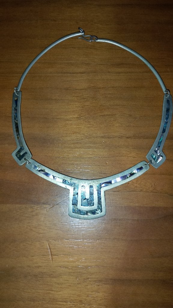 Zilveren Mexicaanse choker met parelmoer inleg, Sieraden, Tassen en Uiterlijk, Antieke sieraden, Ophalen of Verzenden, Overige materialen