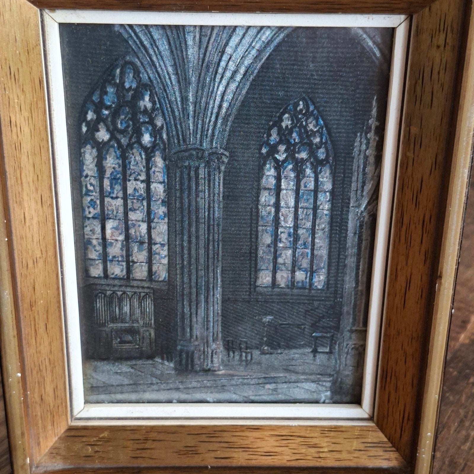 Kerkinterieur als afbeelding  Parelmoerachtig 17x14 cm groot, Antiek en Kunst, Ophalen of Verzenden