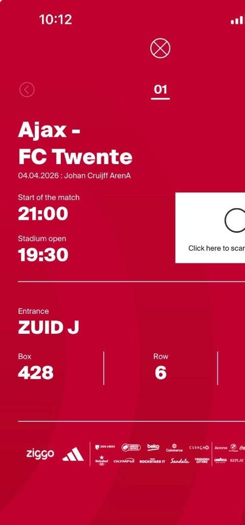 Ajax - Twente 4-4-26 (vak 428, rij 6), Tickets en Kaartjes, Losse kaart, Eén persoon, April