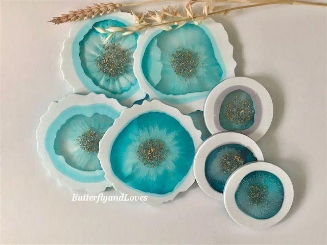 Prachtige luxe turquoise wit onderzetters glitter Epoxy Art, Ophalen, Nieuw, Overig