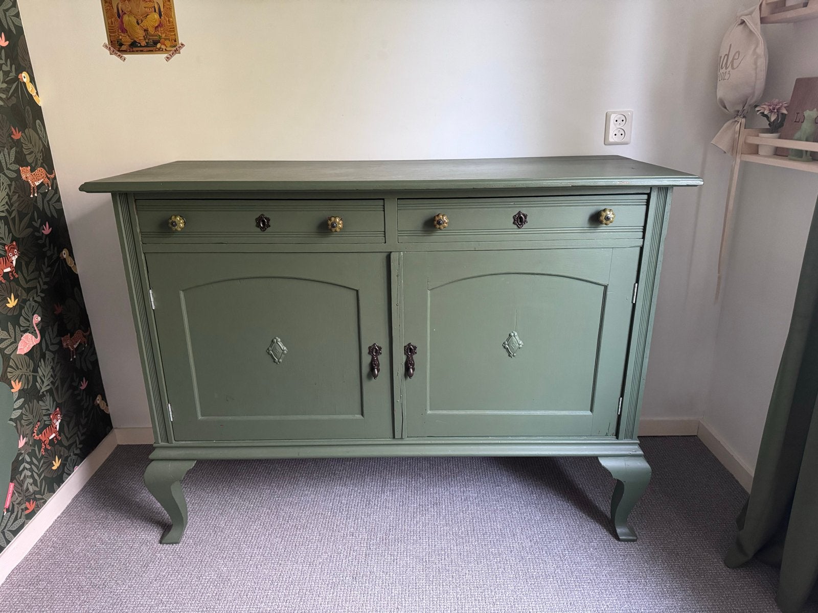Vintage Commode / Dressoir - Olijfgroen, Ophalen, Gebruikt, 100 tot 150 cm, Met lade(s)