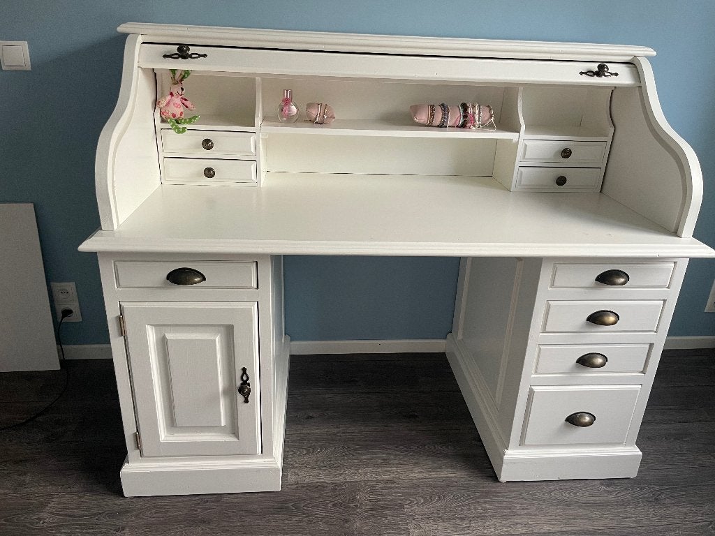 Wit secretaire bureau met veel lades (landelijke stijl), Gebruikt, Hout, Secretaire, 70 cm