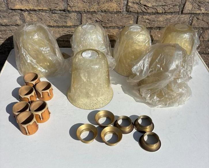 6x Antieke gele lampenkappen van mat glas, peervormig, Verzenden, Gebruikt, Ovaal, Minder dan 25 cm