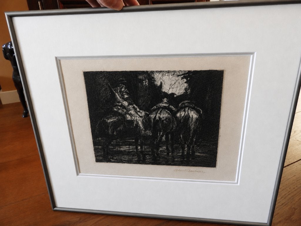 Ets "Ruiter met paarden" - Gesigneerd - Alfred Bastien, Ets, 43 cm, Militair, Ophalen of Verzenden
