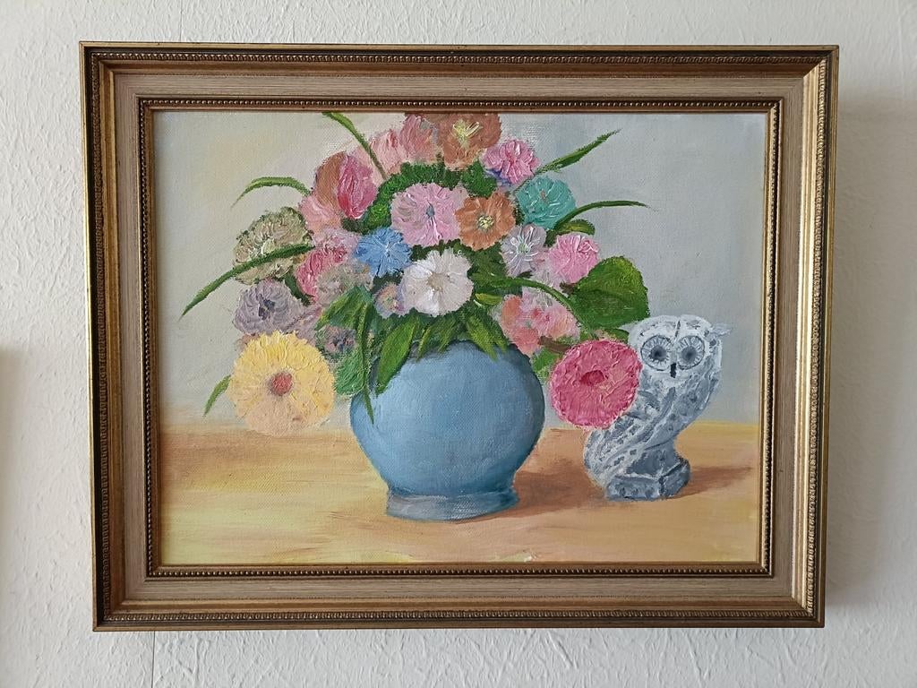 Schilderij met bloemenvaas en uil - Vintage kunst, Ophalen
