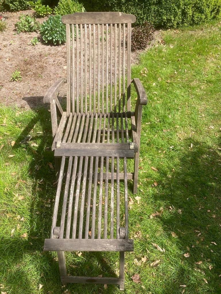 Verstelbare hardhouten tuinstoel met voetenbankje, Ophalen, Gebruikt, Hout, Verstelbaar