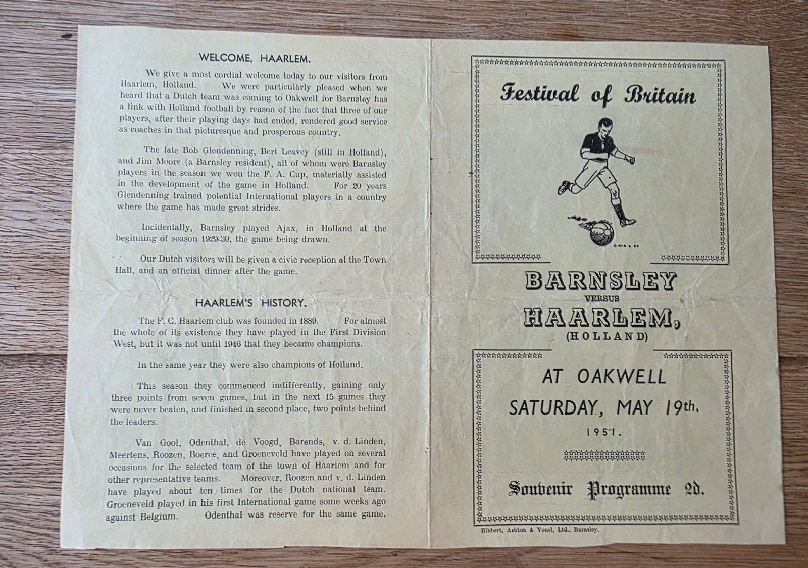 programma Barnsley versus Hfc Haarlem 19 mei 1951, Ophalen of Verzenden, Gebruikt, Boek of Tijdschrift