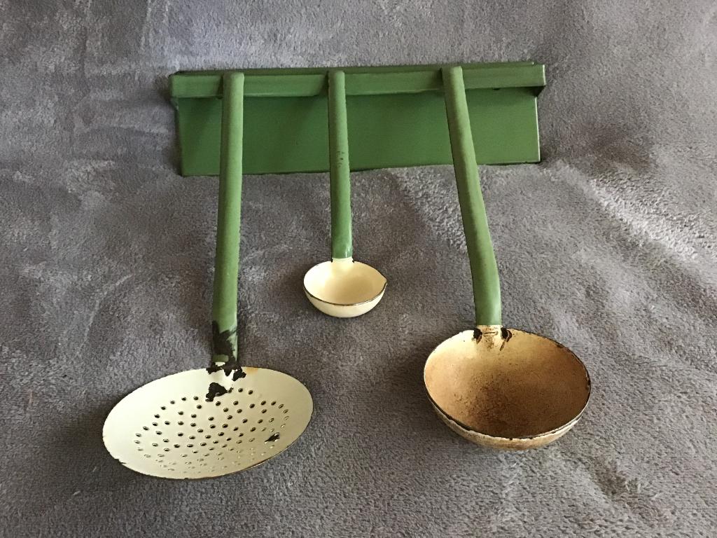 Lepelrek met 3 lepels emaille, vintage, Ophalen of Verzenden