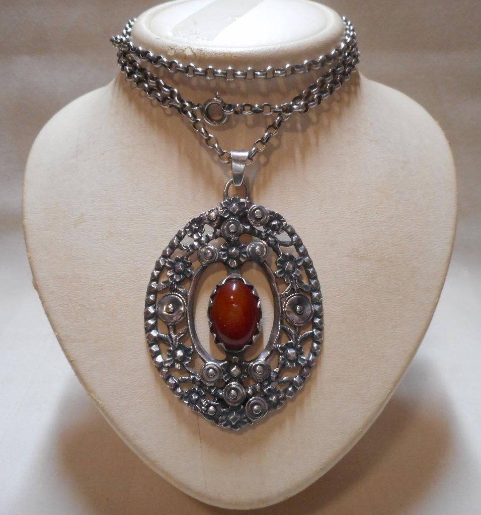 Zilveren jasseron ketting met grote antieke hanger nr.913
