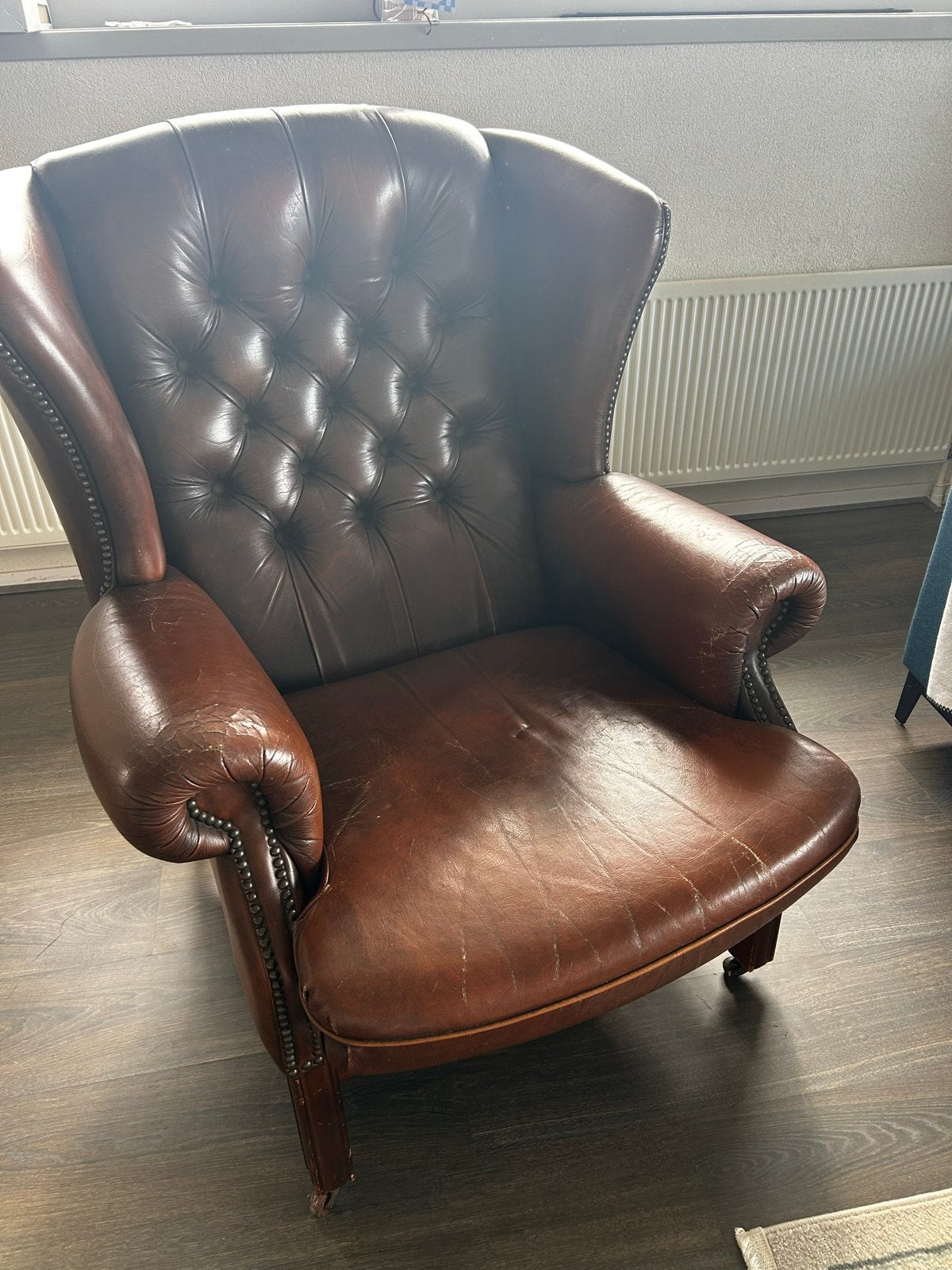 Leren fauteuil in Chesterfield stijl, Ophalen, Gebruikt, Leer, 75 tot 100 cm