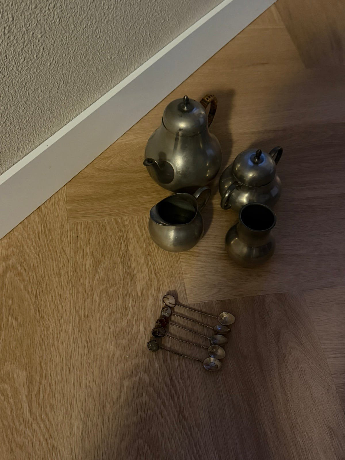 Tinnen setje met zilveren lepels, Antiek en Kunst, Ophalen