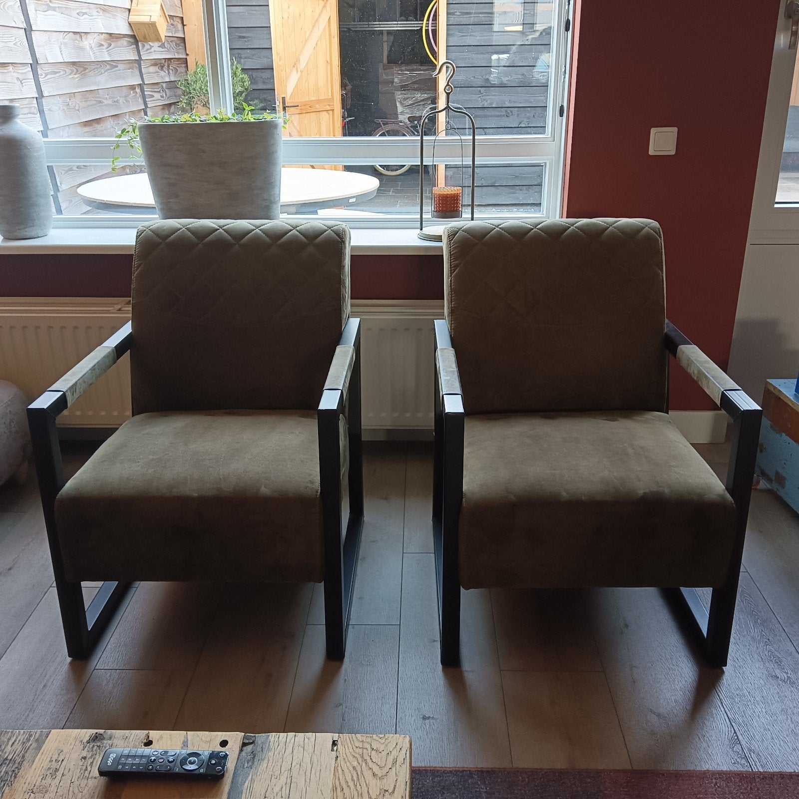 Twee olijfgroene fauteuils, Ophalen, Gebruikt, Twee