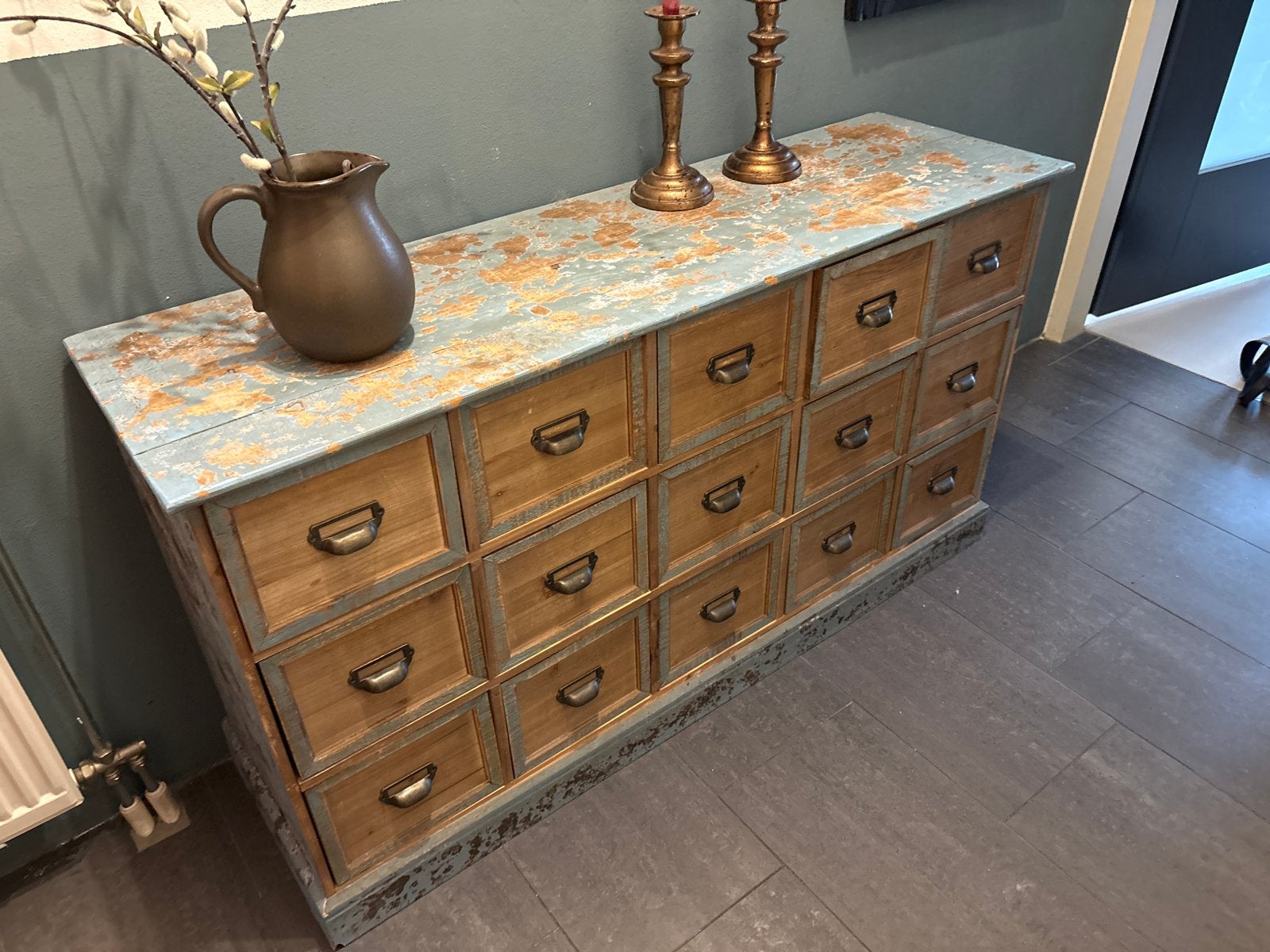 Vintage ladekast met 15 laden - Breedte 137cm, Ophalen, Gebruikt, 100 tot 150 cm, Met lade(s)
