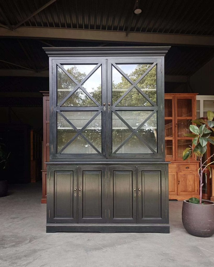 Prachtige klassieke vitrinekast | Zwarte servieskast #4416, Gebruikt, -, 200 cm of meer, -