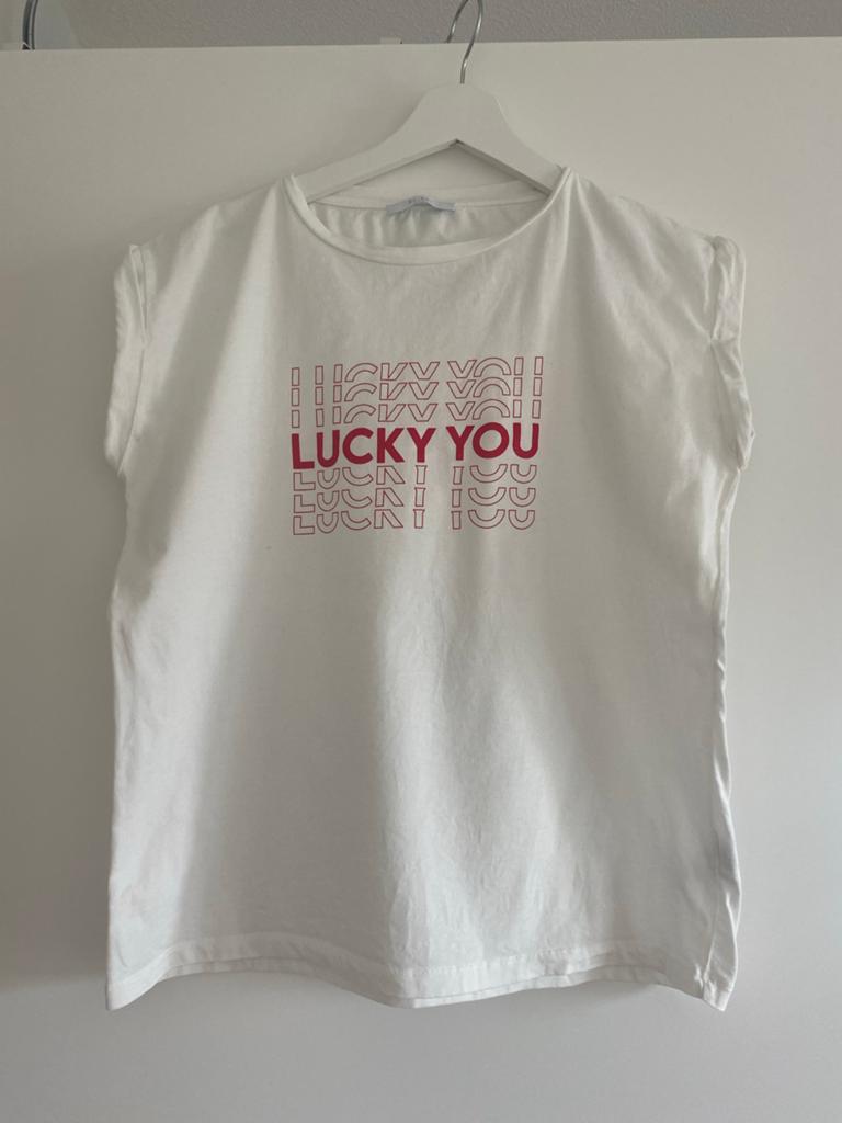 By bar Amsterdam T-shirt 100% katoen - Lucky You, Verzenden, Wit, Zo goed als nieuw, Maat 36 (S)