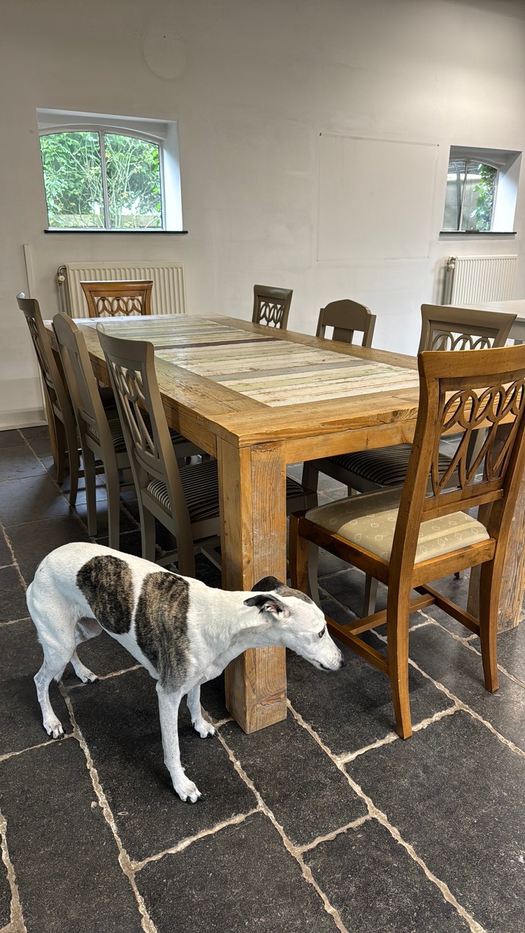Eettafel of werktafel in Piet Hein Eek stijl, Ophalen, Gebruikt, 200 cm of meer, 50 tot 100 cm