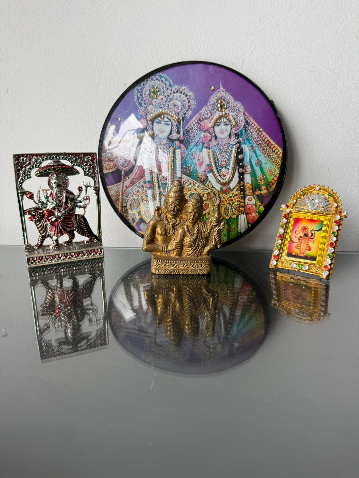 Set India Hindoeïsme Shiva Radha metaal brons glas, Ophalen of Verzenden, Zo goed als nieuw, Beeld(je)