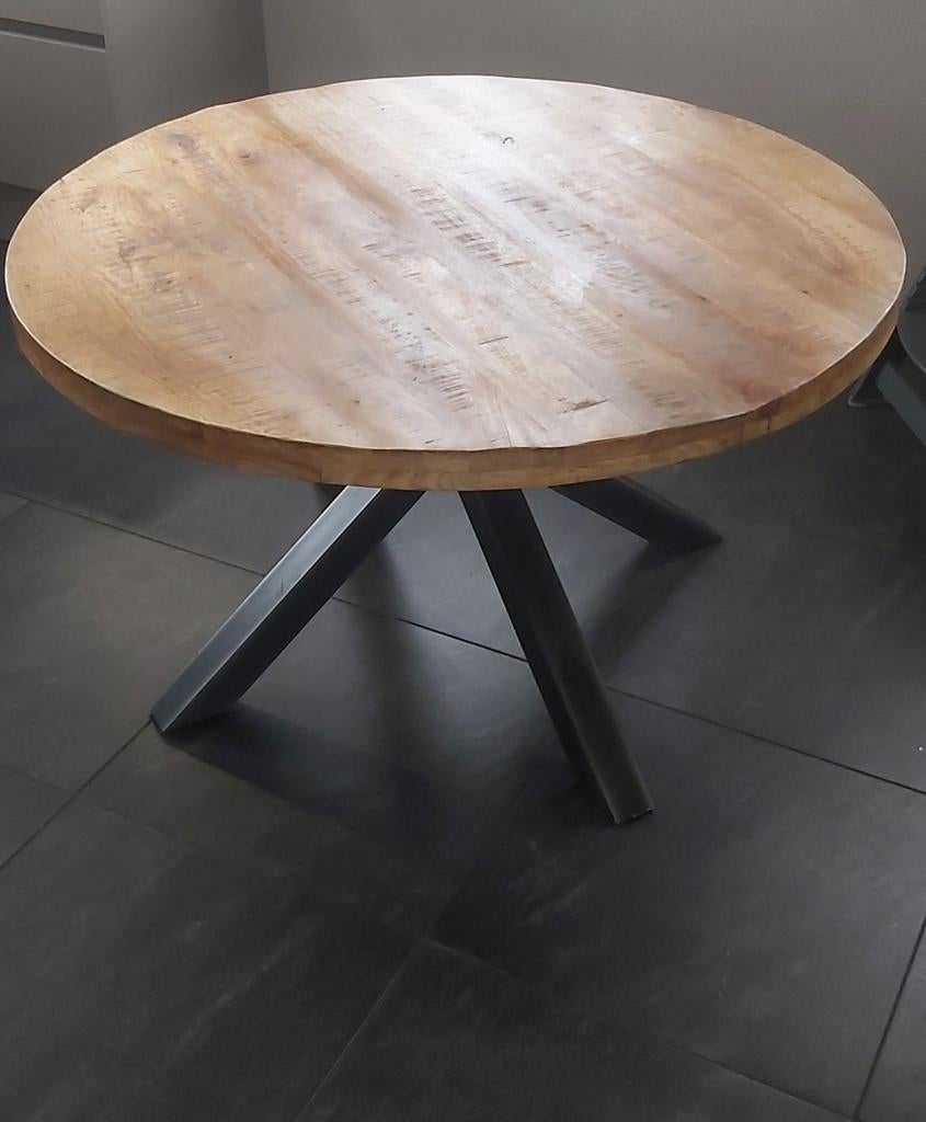 Mangohouten ronde eettafel 120 cm met 4 beige stoelen, Huis en Inrichting, Tafels | Eettafels, Gebruikt, Rond, Vier personen, Ophalen