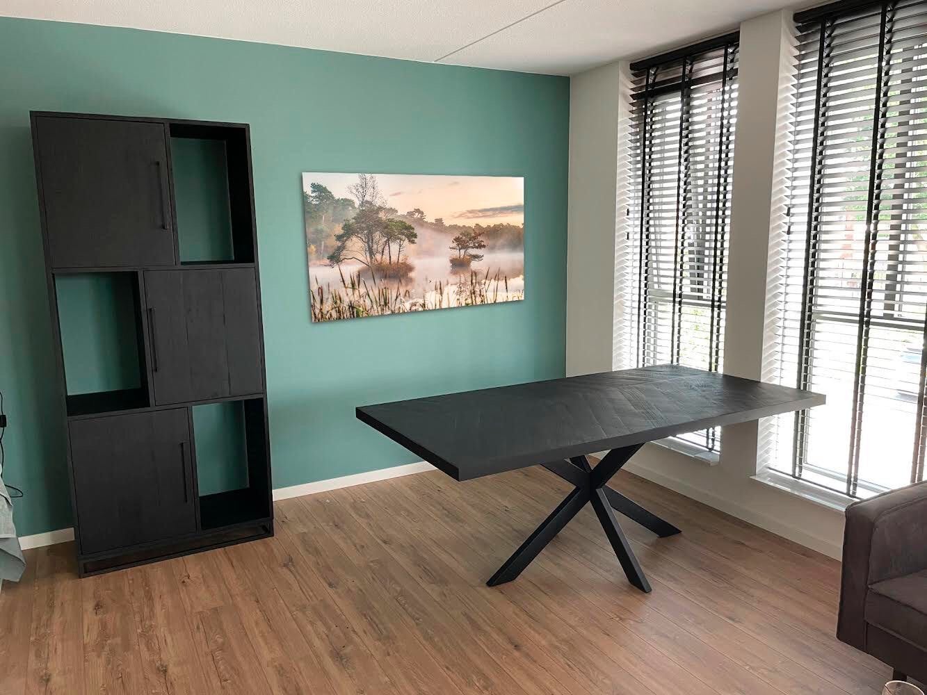 Zwarte houten kast met deuren en open vakken, Huis en Inrichting, Ophalen, 200 cm of meer, Nieuw, 50 tot 100 cm
