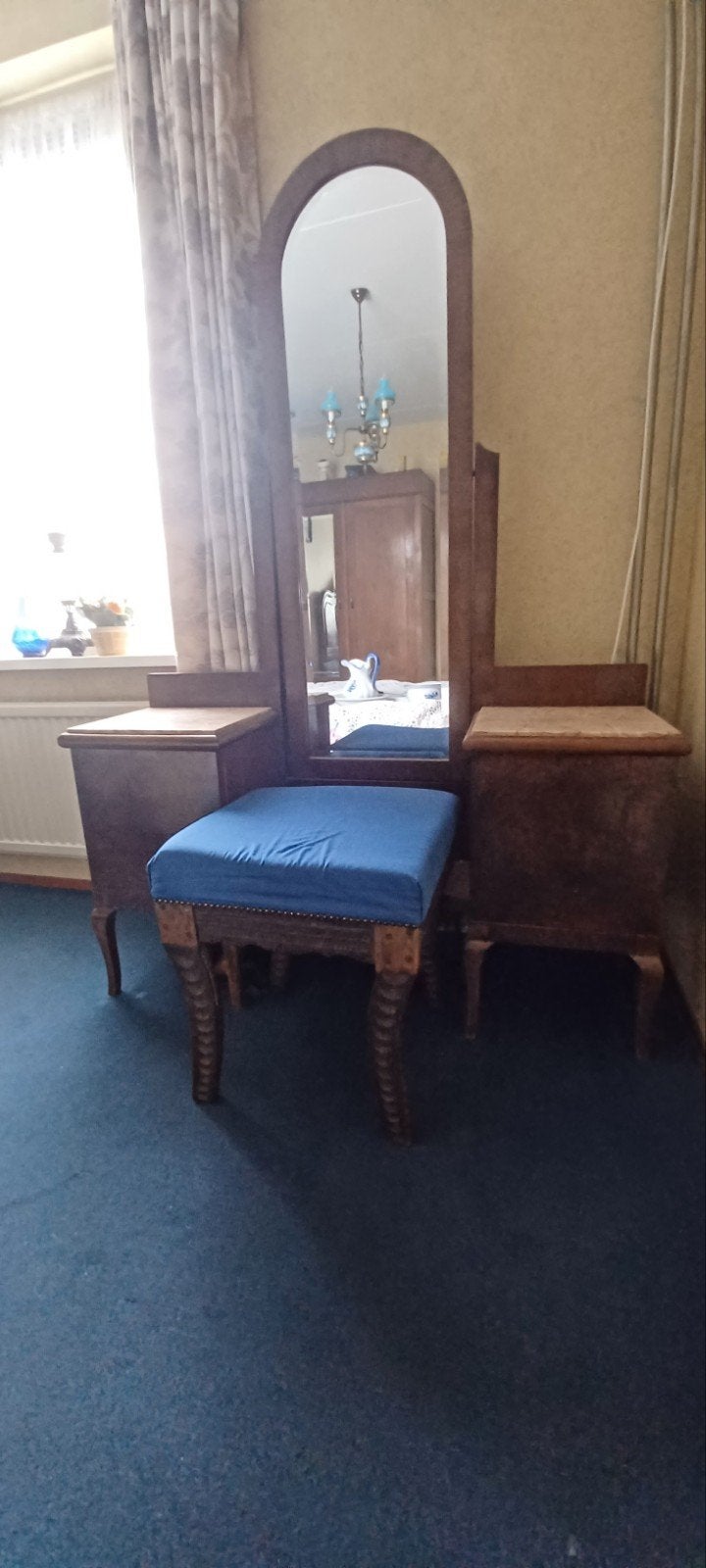 Antieke kaptafel met spiegel en krukje, Ophalen of Verzenden