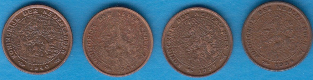 Nederland halve cent 1936, 1937, 1938 en 1940 Wilhelmina, Ophalen of Verzenden, Koningin Wilhelmina, Overige waardes, Setje