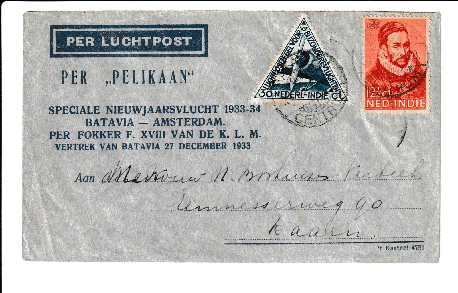 KLM Pelikaan Nieuwjaarsvlucht 1933-1934 Batavia-Amsterdam, Postzegels en Munten, Ophalen of Verzenden, Envelop