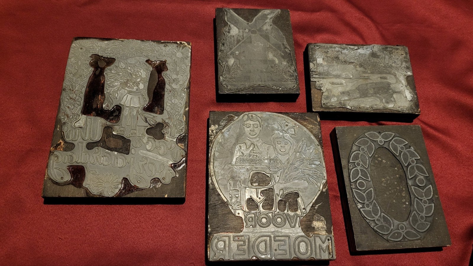 Set van 5 antieke drukplaten, diverse motieven, Ophalen of Verzenden