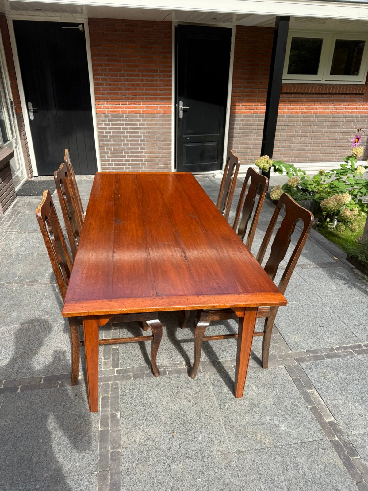 6 antieke Queen Anne stoelen + antieke kersenhouten eettafel, Ophalen