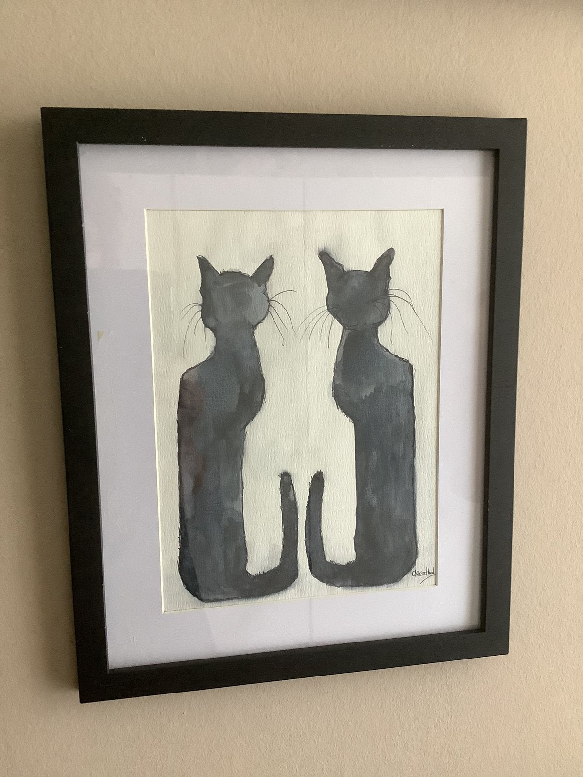 Katten in lijst, aquarel, gesigneerd, 30/40 c.m., Overige stijlen, Dieren, Ophalen of Verzenden, Aquarel