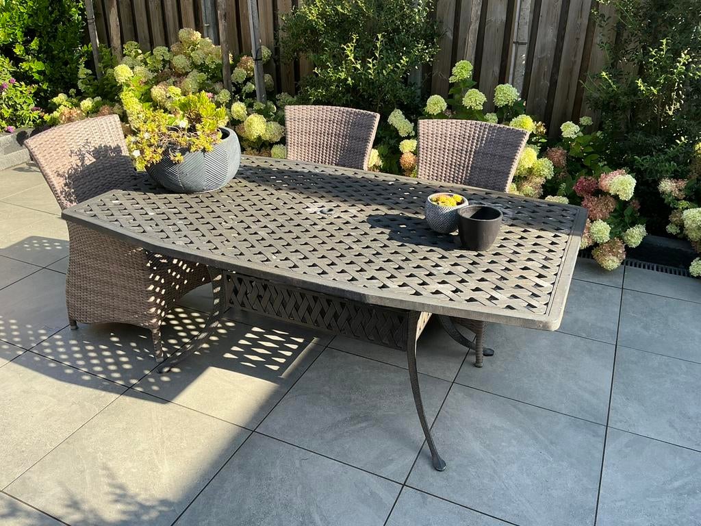 Mooie stevige aluminium bronskleurige tuintafel 183x107x72, Tuin en Terras, Tuintafels, Ophalen, Gebruikt, Rechthoekig, Aluminium