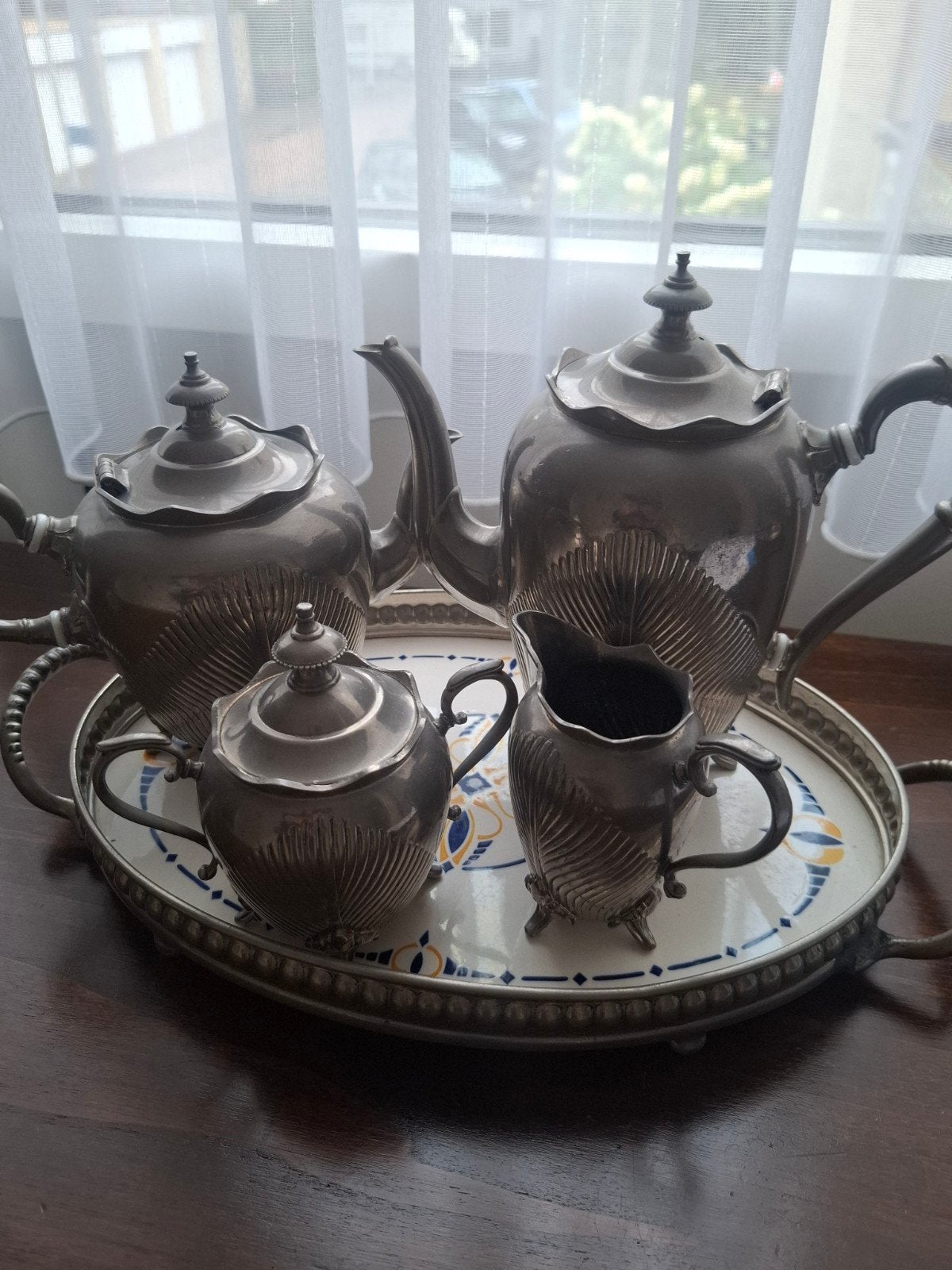 tinnen tin koffie thee set. incl dienblad Bernard 1713, Ophalen of Verzenden
