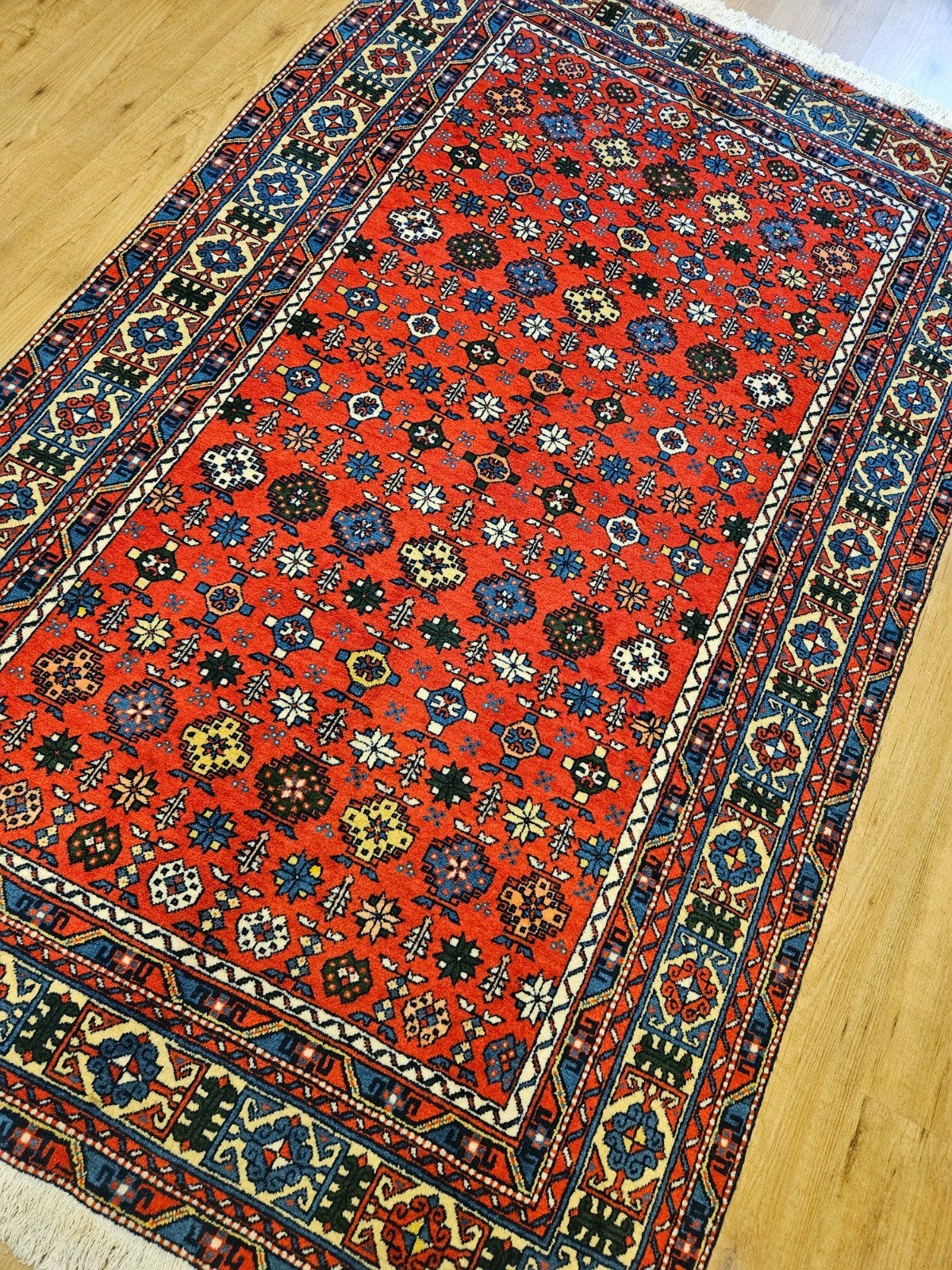 Handgeknoopt perzisch tapijt hamadan 220x130, Info@SlatsAntiek.nl, Geel, 100 tot 150 cm, Perzisch