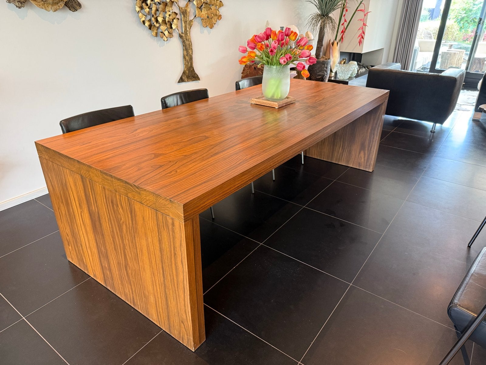Eettafel van Amerikaans noten, opgedikt blad 4cm massief., Ophalen, Gebruikt, 100 tot 150 cm, 200 cm of meer